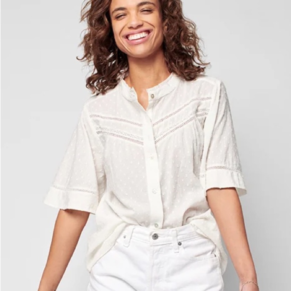 FAHERTY- Rhoda Top In Oyster White Swiss Dot Flirty Button Up Blouse Lace Insert